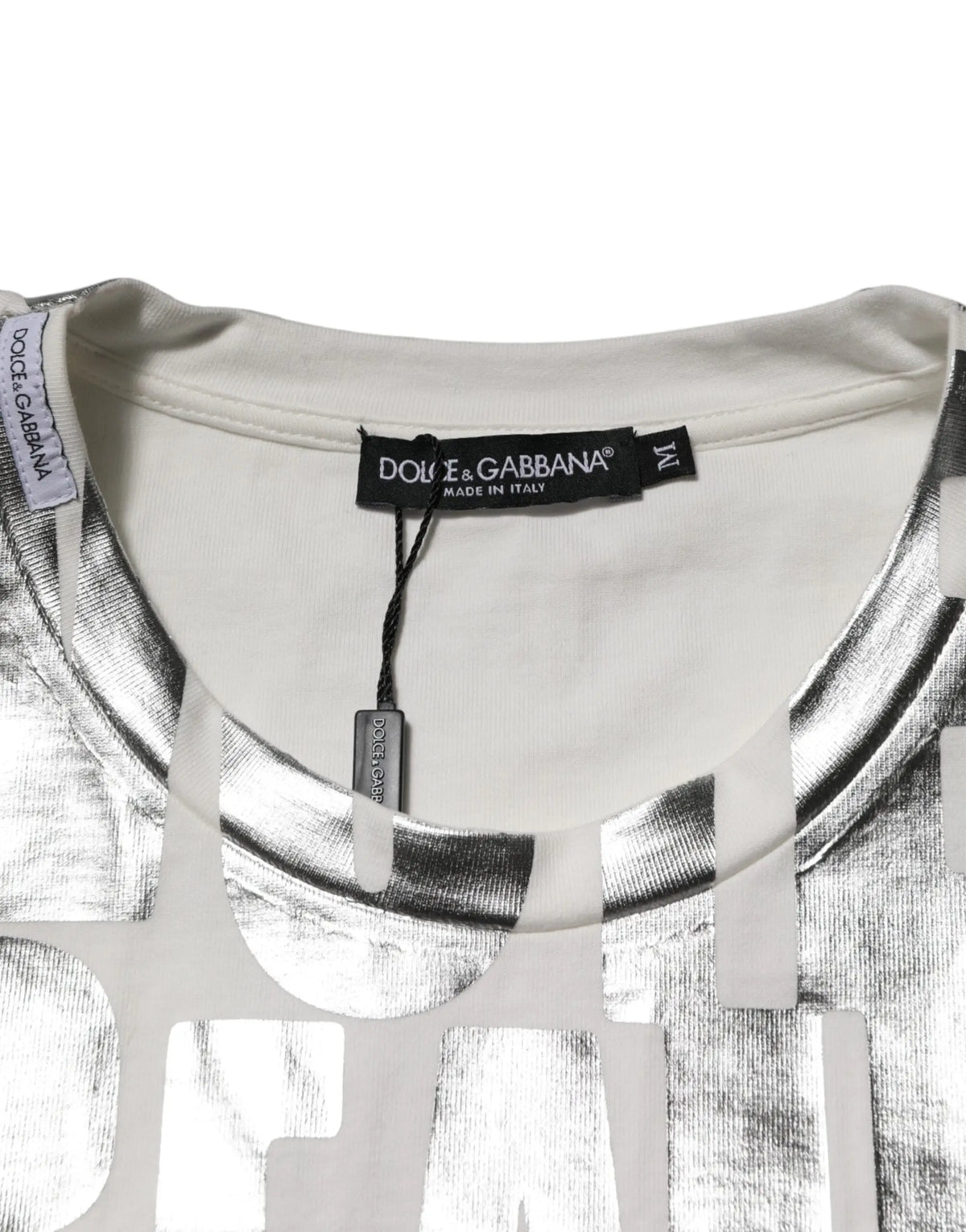T-shirt blanc en coton dolce & gabbana avec imprimé graphique métallique argenté et slogan en avant