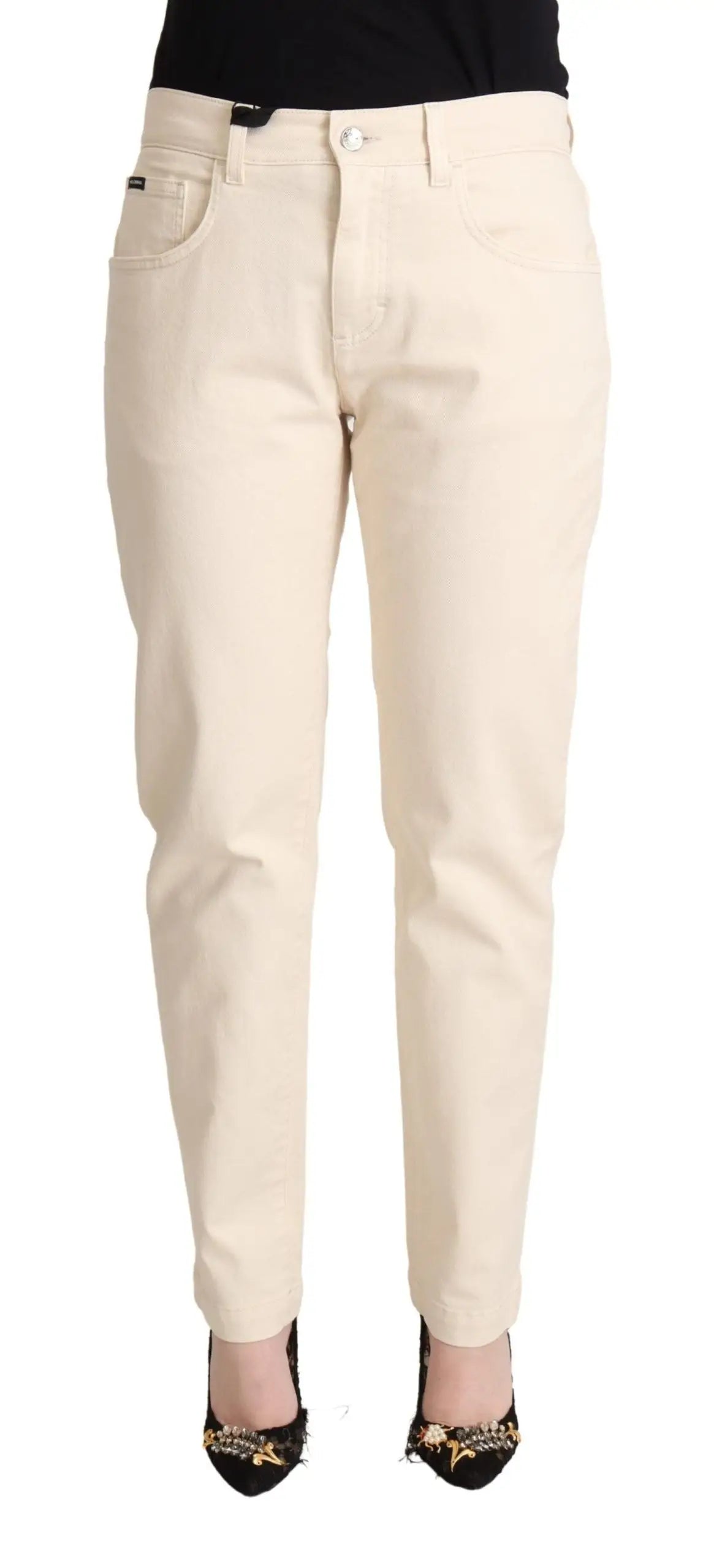 Jeans droit crème en denim coton dolce & gabbana pour femme avec design classique cinq poches et passants noirs