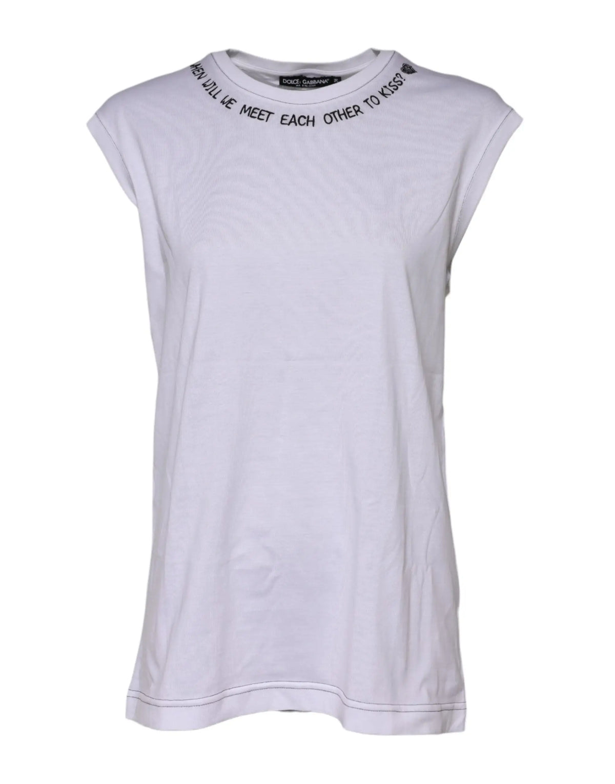 Dolce & gabbana débardeur blanc en coton avec texte noir autour du col et étiquette de marque visible