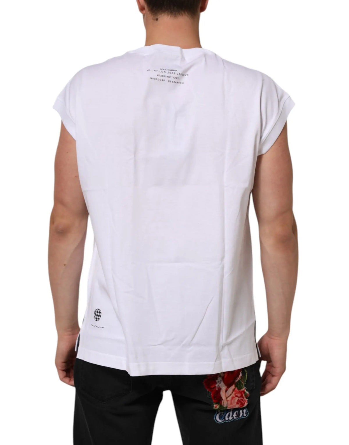Dos du débardeur dolce & gabbana blanc en coton avec texte imprimé subtil et petit logo circulaire au bas