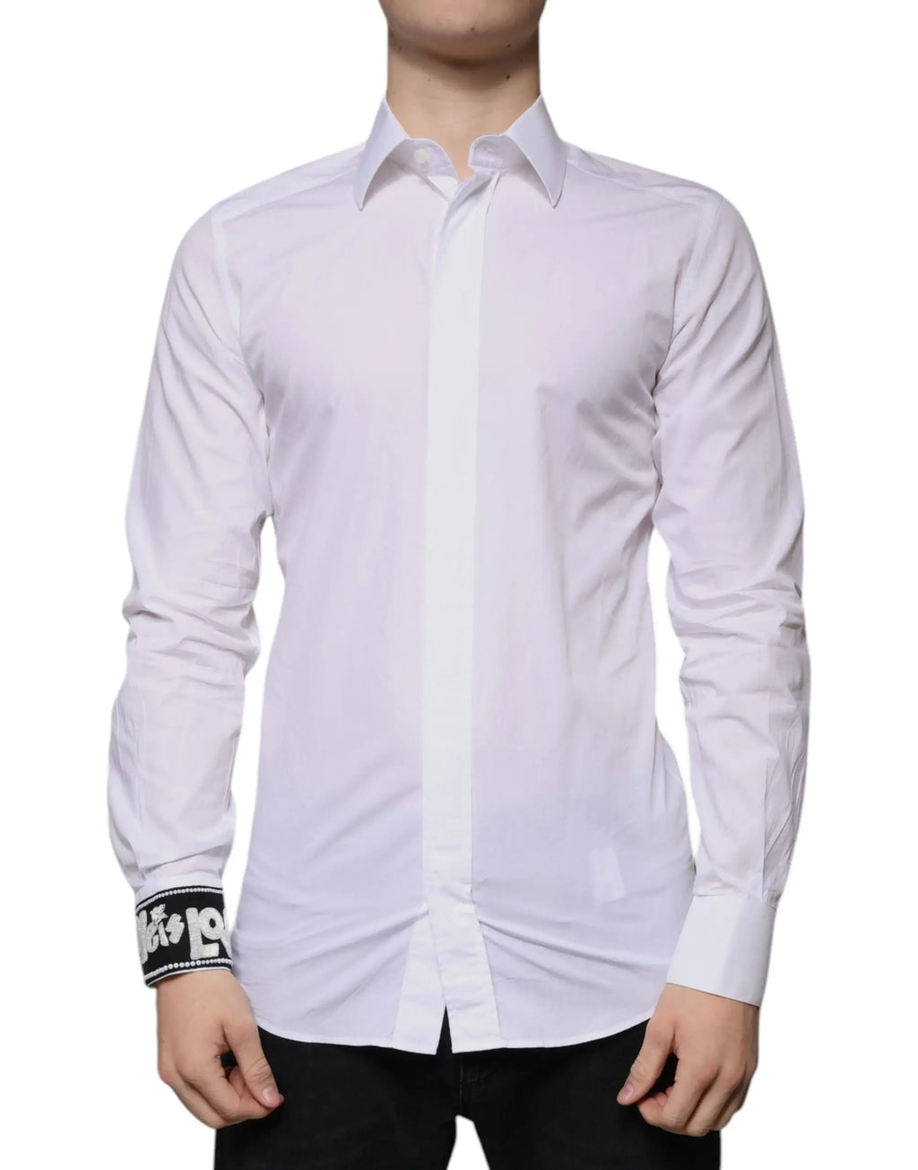 Chemise slim fit dolce & gabbana blanche en coton avec poignets contrastants noir et blanc pour homme
