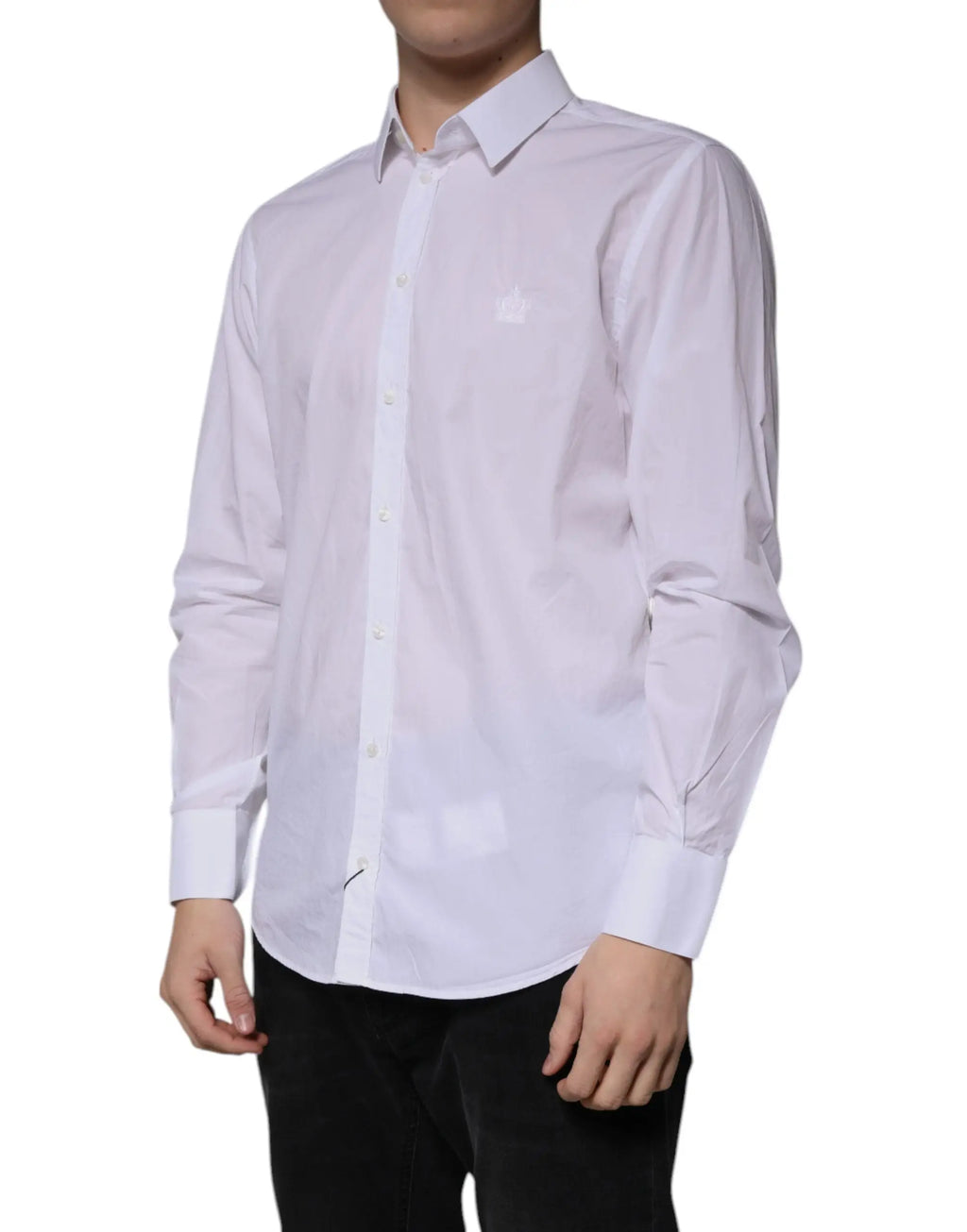 Chemise blanche dolce & gabbana en coton coupe slim à manches longues avec logo brodé subtil sur la poitrine