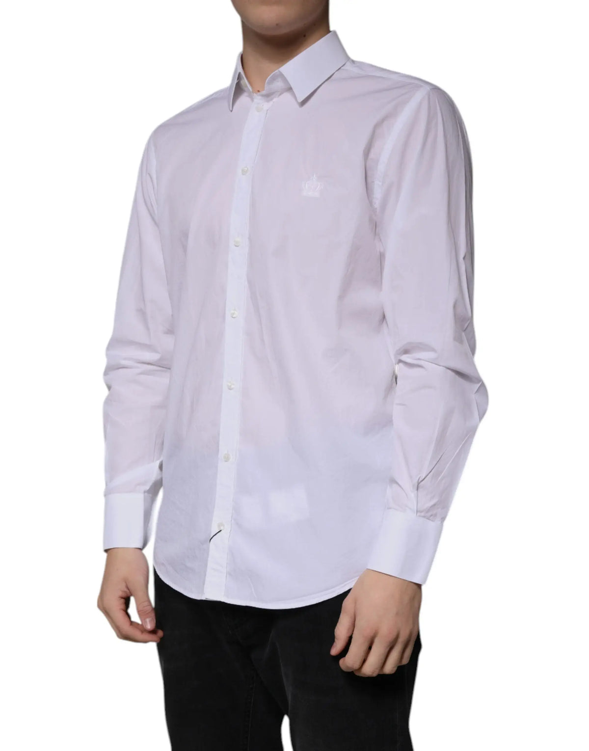 Chemise blanche dolce & gabbana en coton coupe slim à manches longues avec logo brodé subtil sur la poitrine