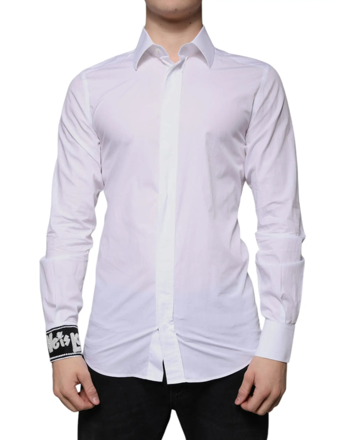 Chemise homme blanche dolce & gabbana en coton slim fit avec manche longue et détail de manchette noire et blanche
