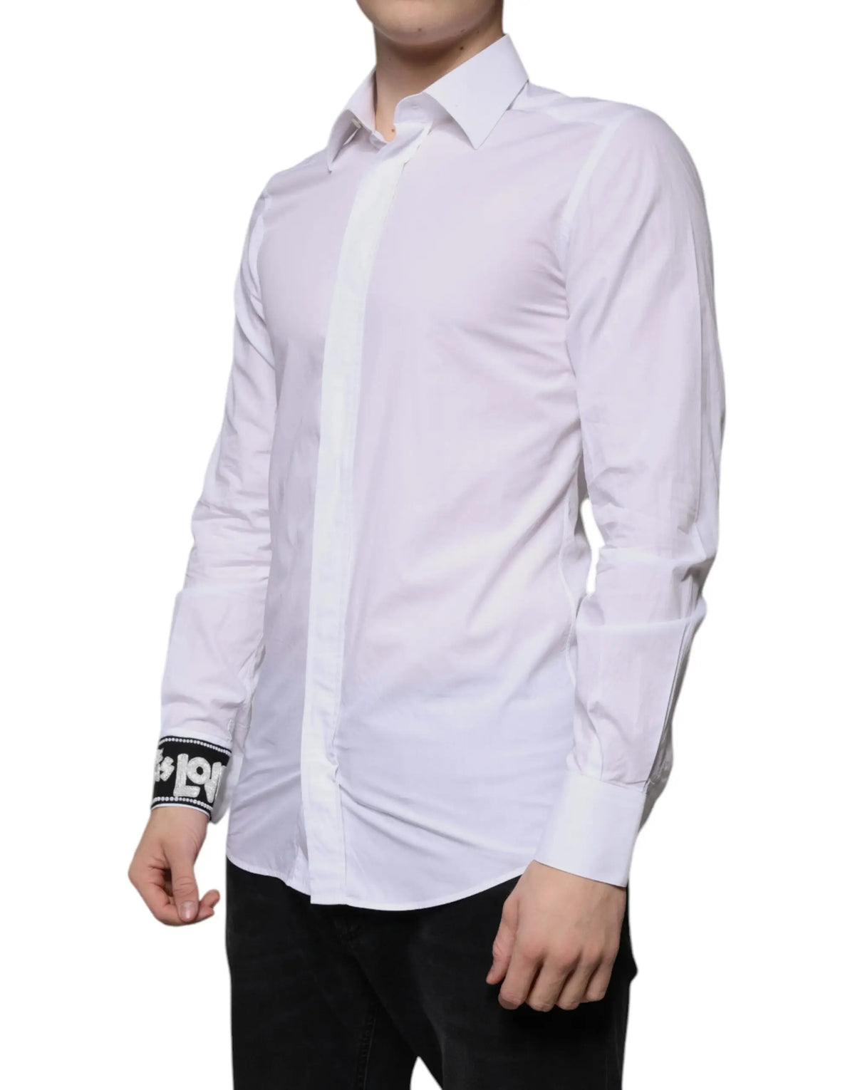 Dolce & gabbana chemise habillée homme blanche slim en coton à manches longues avec rayure verticale blanche et logo brodé noir au poignet