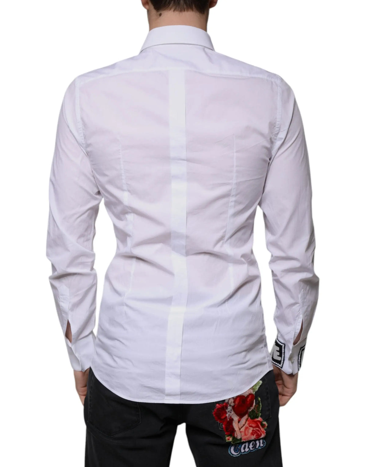 Chemise blanche dolce & gabbana en coton slim fit pour homme avec manches longues et broderie rose et cœur au dos