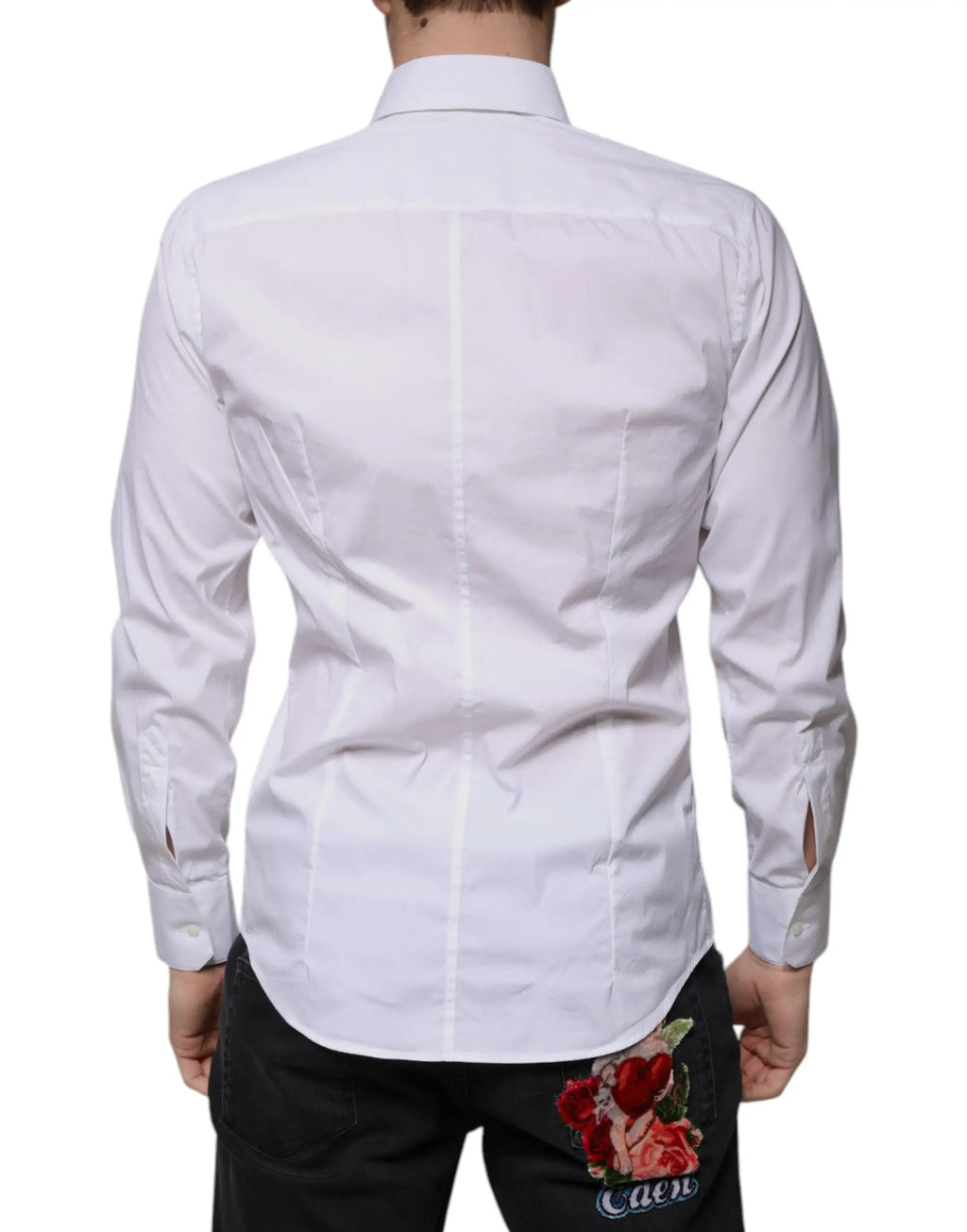 Chemise blanche dolce & gabbana slim fit en coton pour homme vue de dos avec un motif rose brodé distinctif