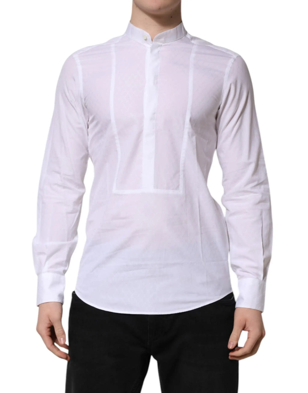 Chemise formelle blanche dolce & gabbana en coton slim à manches longues avec col mandarin et coutures verticales subtiles