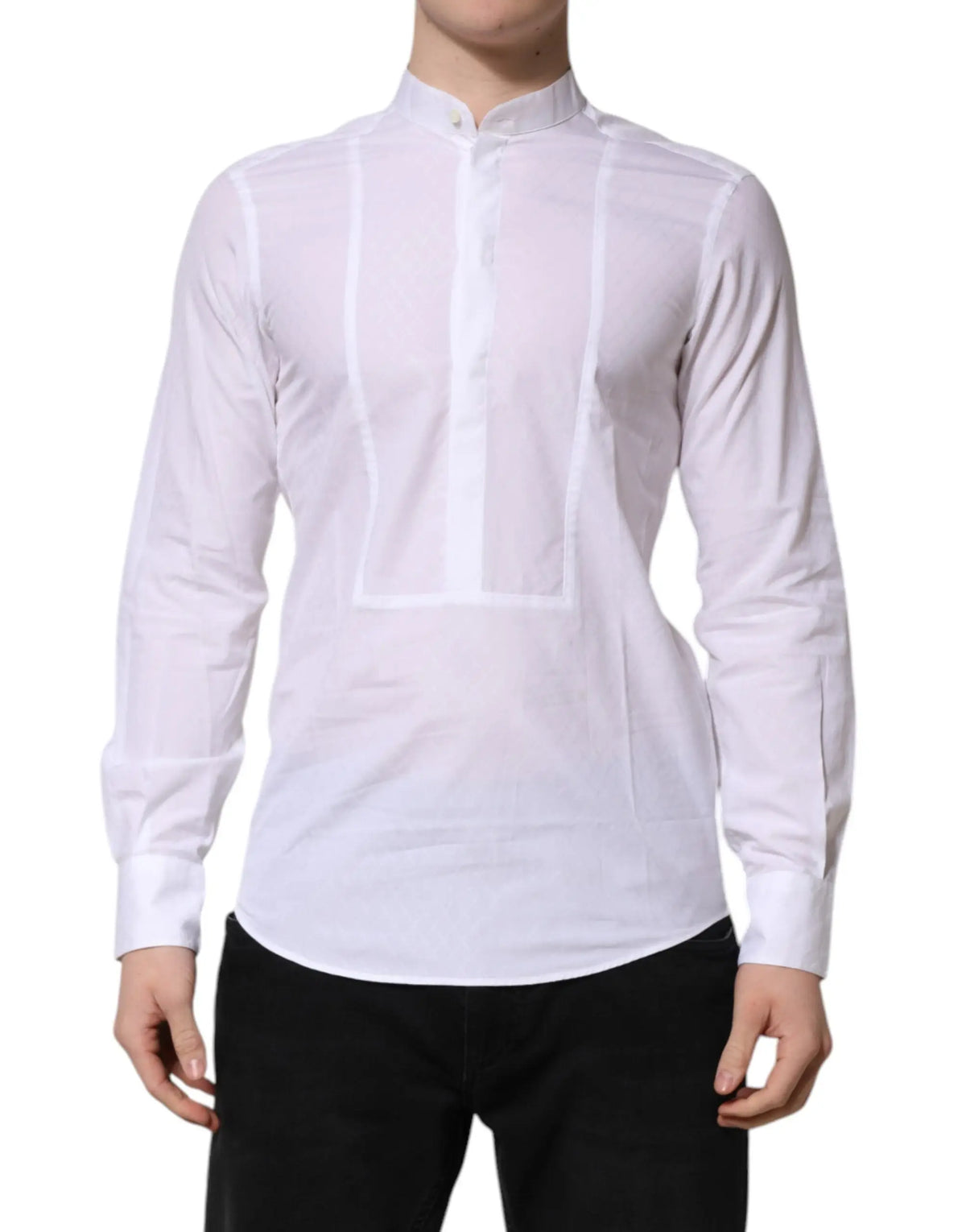 Chemise formelle blanche dolce & gabbana en coton slim à manches longues avec col mandarin et coutures verticales subtiles