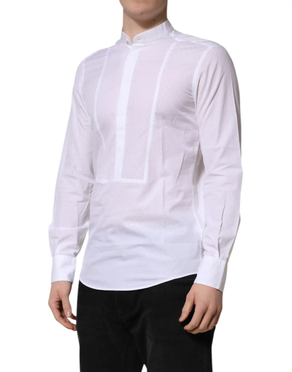 Chemise formelle blanche dolce & gabbana en coton slim à manches longues avec col mandarin et coutures verticales fines