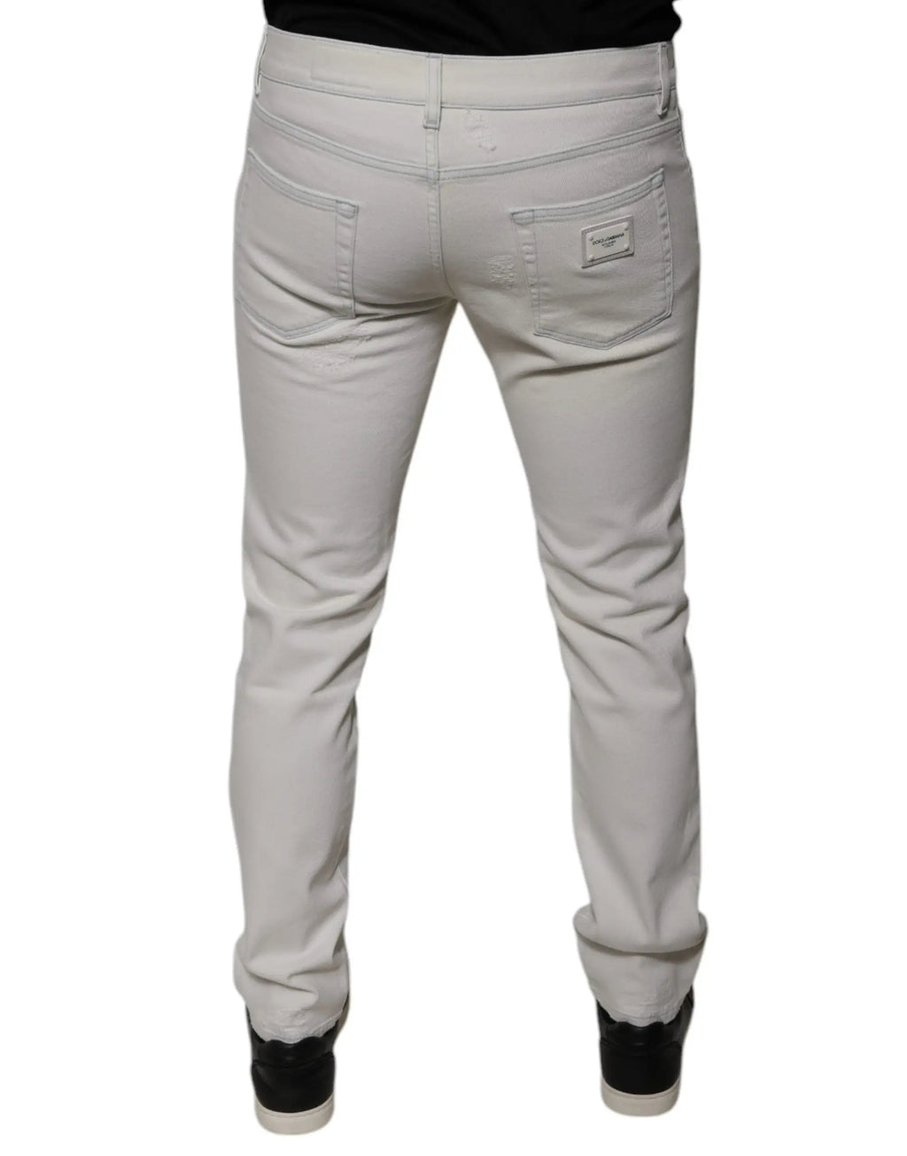 Jeans en denim skinny blanc en coton extensible dolce & gabbana coupe slim vue arrière avec patch marque gris clair