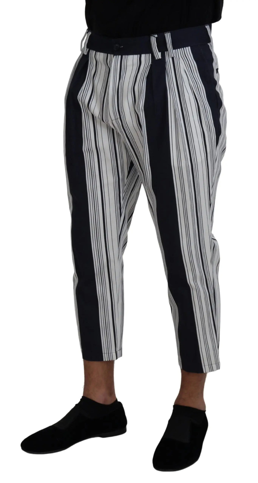 Pantalon court dolce & gabbana en coton blanc à rayures noires verticales avec pli marqué et coupe ajustée