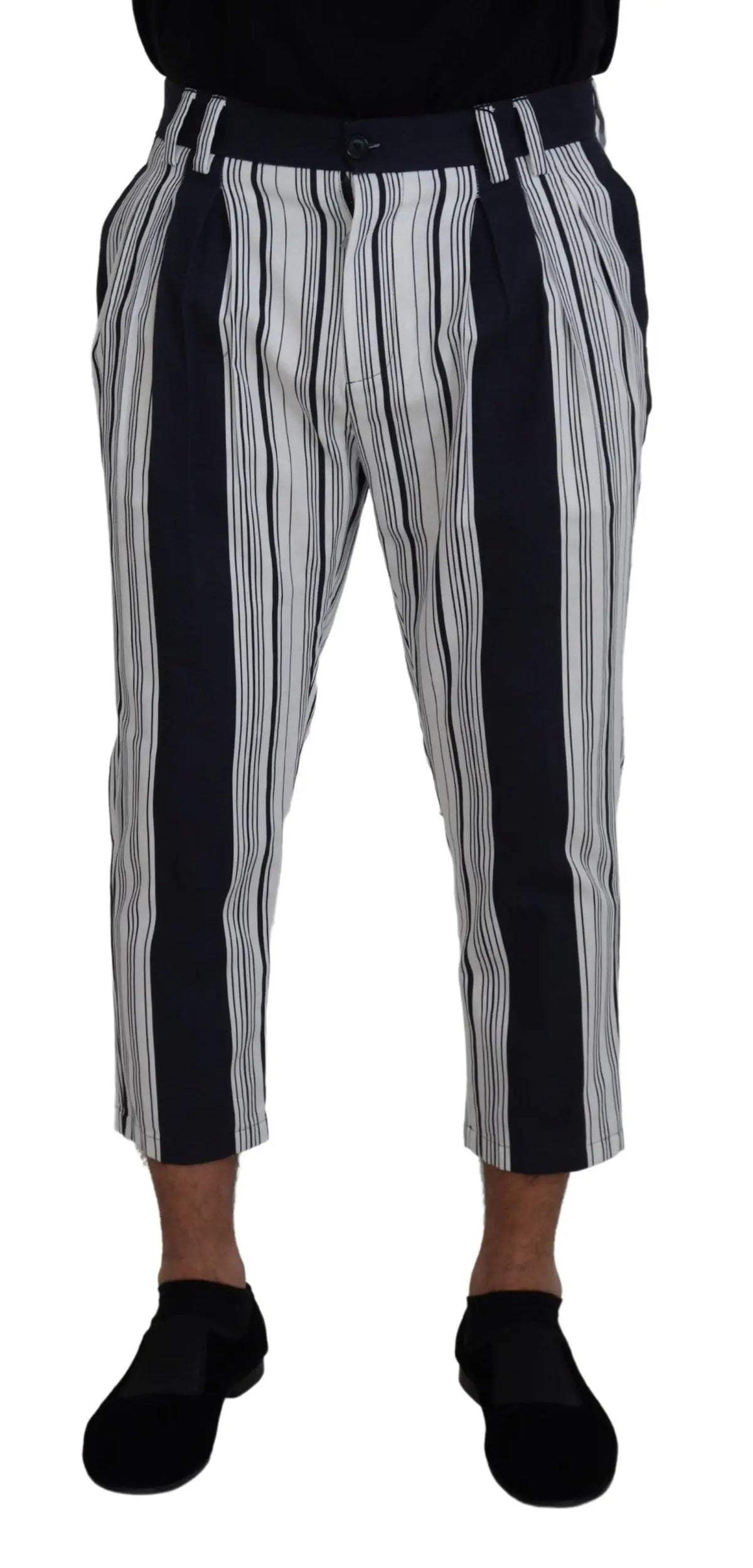 Pantalon court dolce gabbana en coton blanc à rayures noires verticales avec plis et ceinture foncée