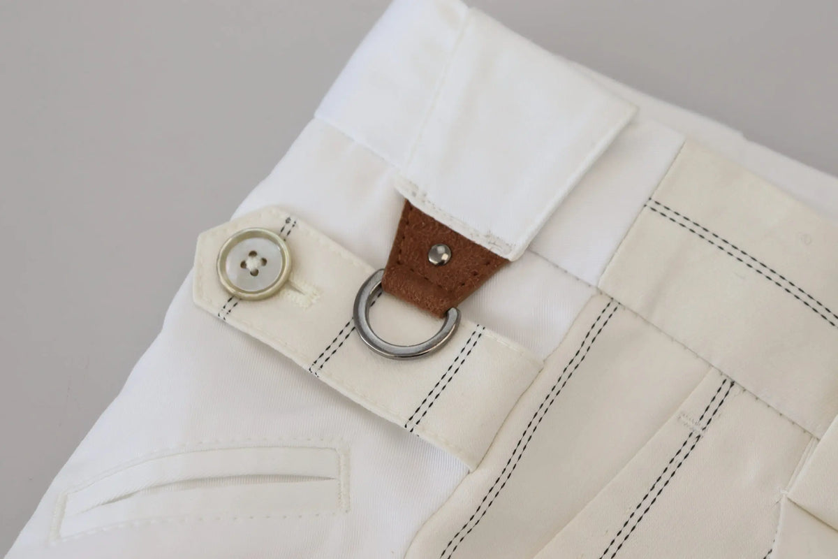 Pantalon formel dolce & gabbana en coton blanc avec couture noire strap en cuir marron et anneau metal à la taille