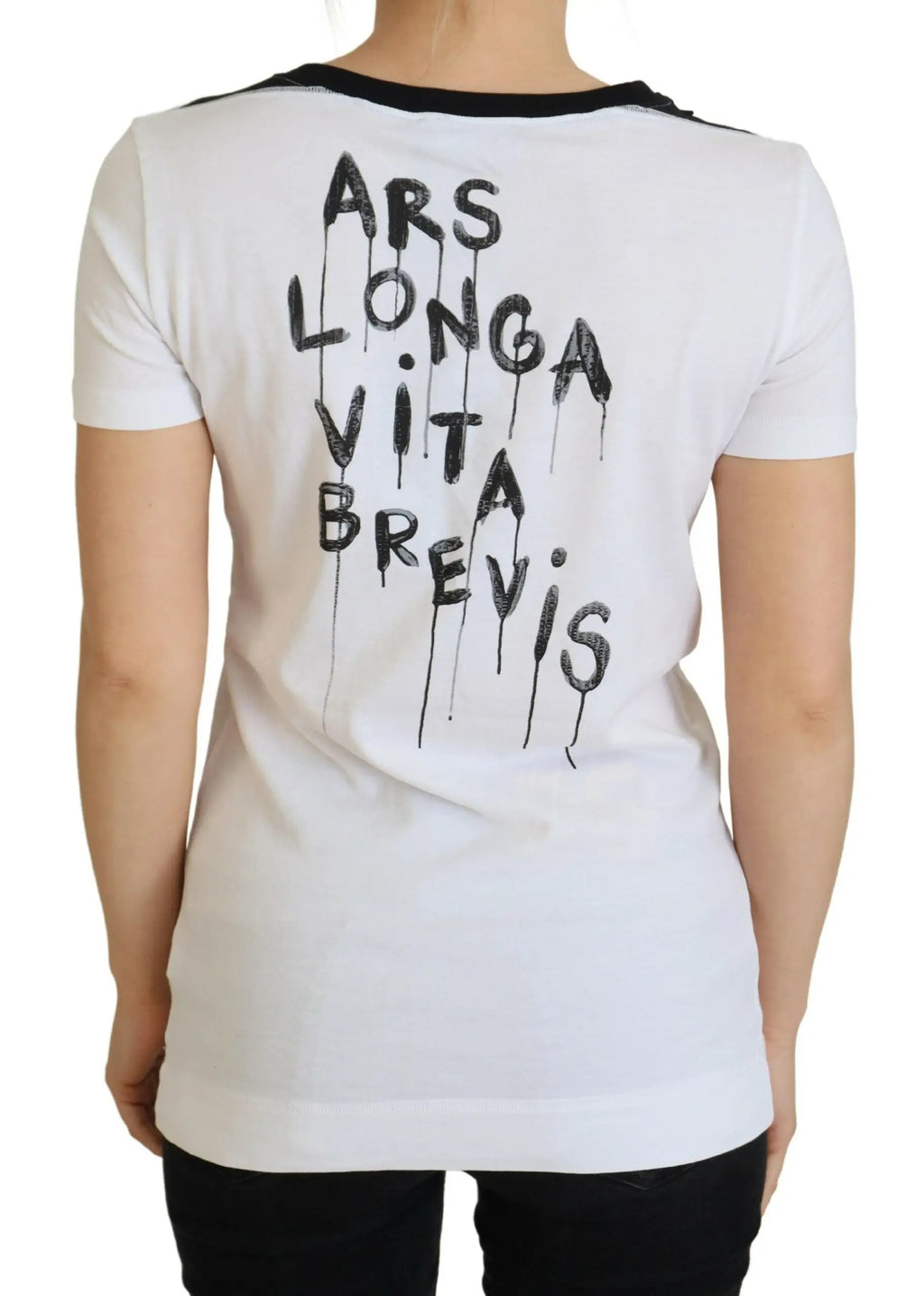 Dolce & gabbana t-shirt blanc en coton à manches courtes avec texte noir ars longa vita brevis style peinture goutteuse