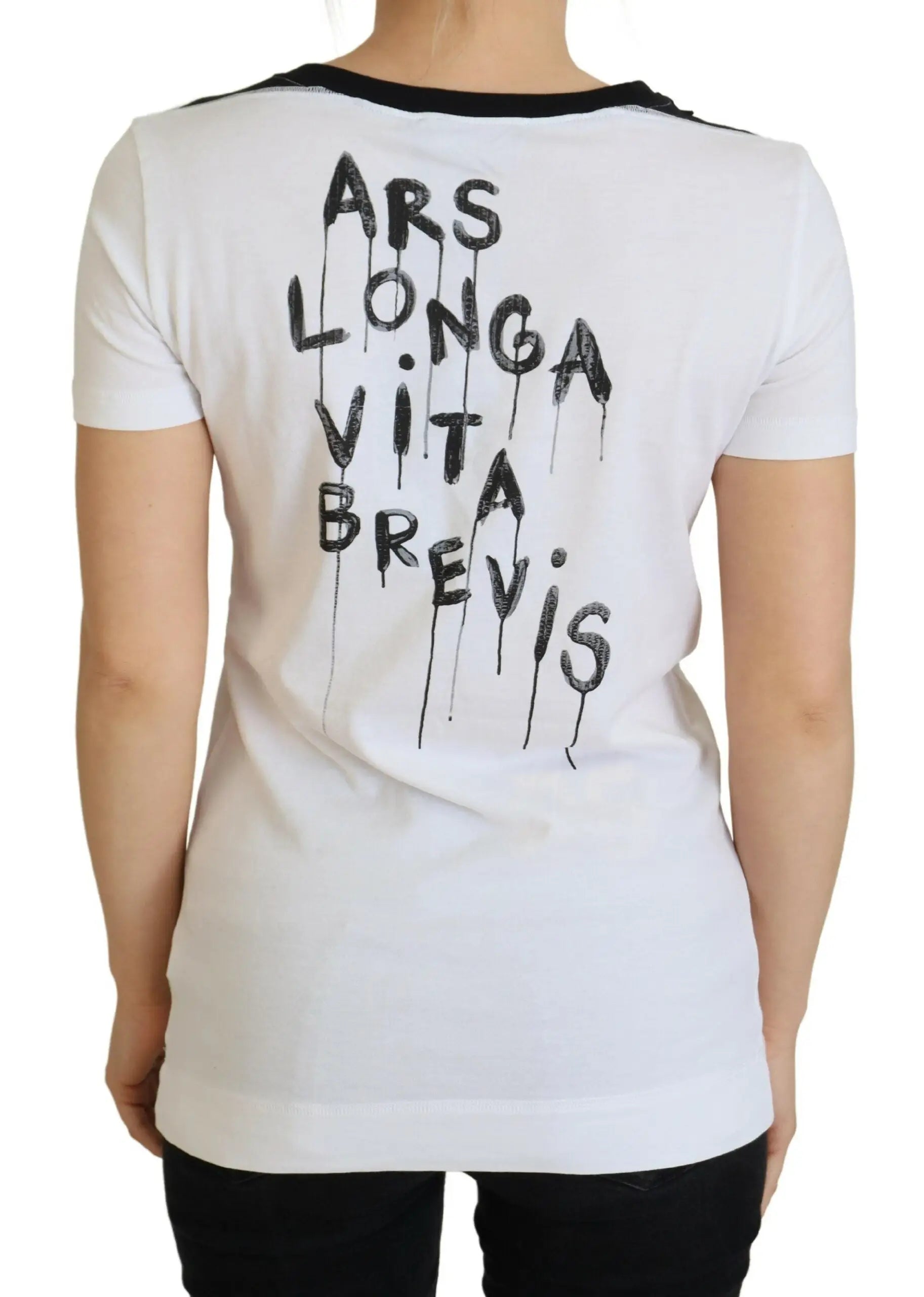 Dolce & gabbana t-shirt blanc en coton à manches courtes avec texte noir ars longa vita brevis style peinture goutteuse