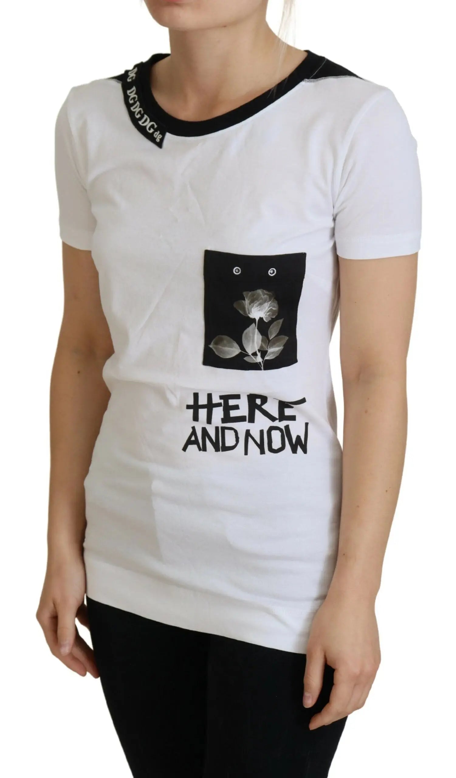 T-shirt dolce & gabbana blanc en coton à col rond avec manches courtes, bordures noires et imprimé rose ici et maintenant