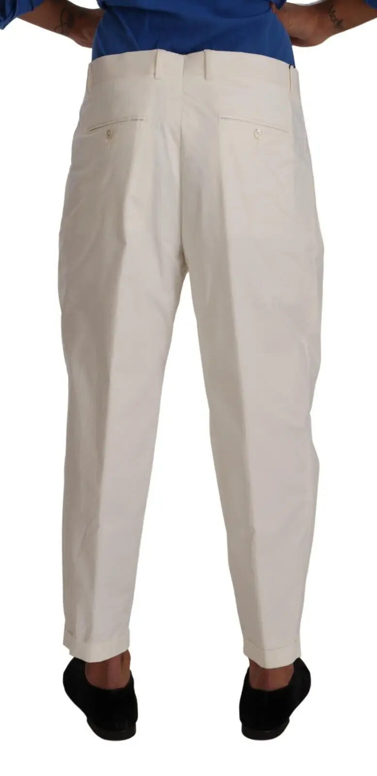 Pantalon homme dolce gabbana en coton blanc coupe ajustée avec plis crème et poches arrière boutonnées vue dos