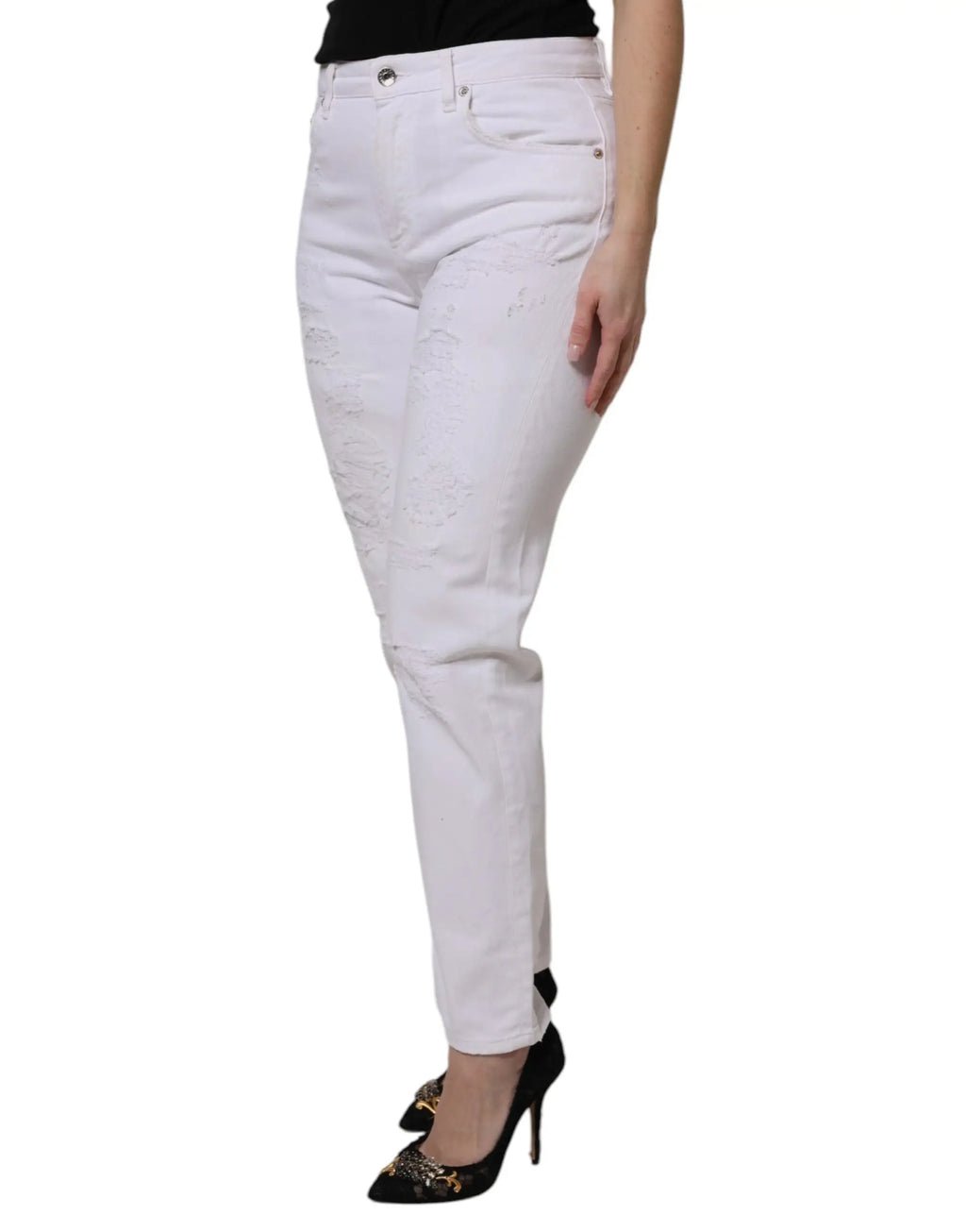 Jeans boyfriend en coton blanc dolce & gabbana avec coupe slim et délavé subtil en denim déchiré