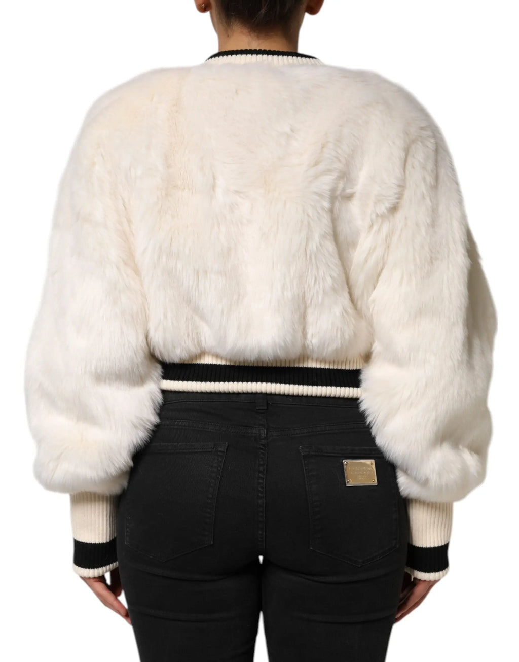 Veste bomber courte dolce & gabbana en fausse fourrure crème avec finitions côtelées noires au col, poignets et taille