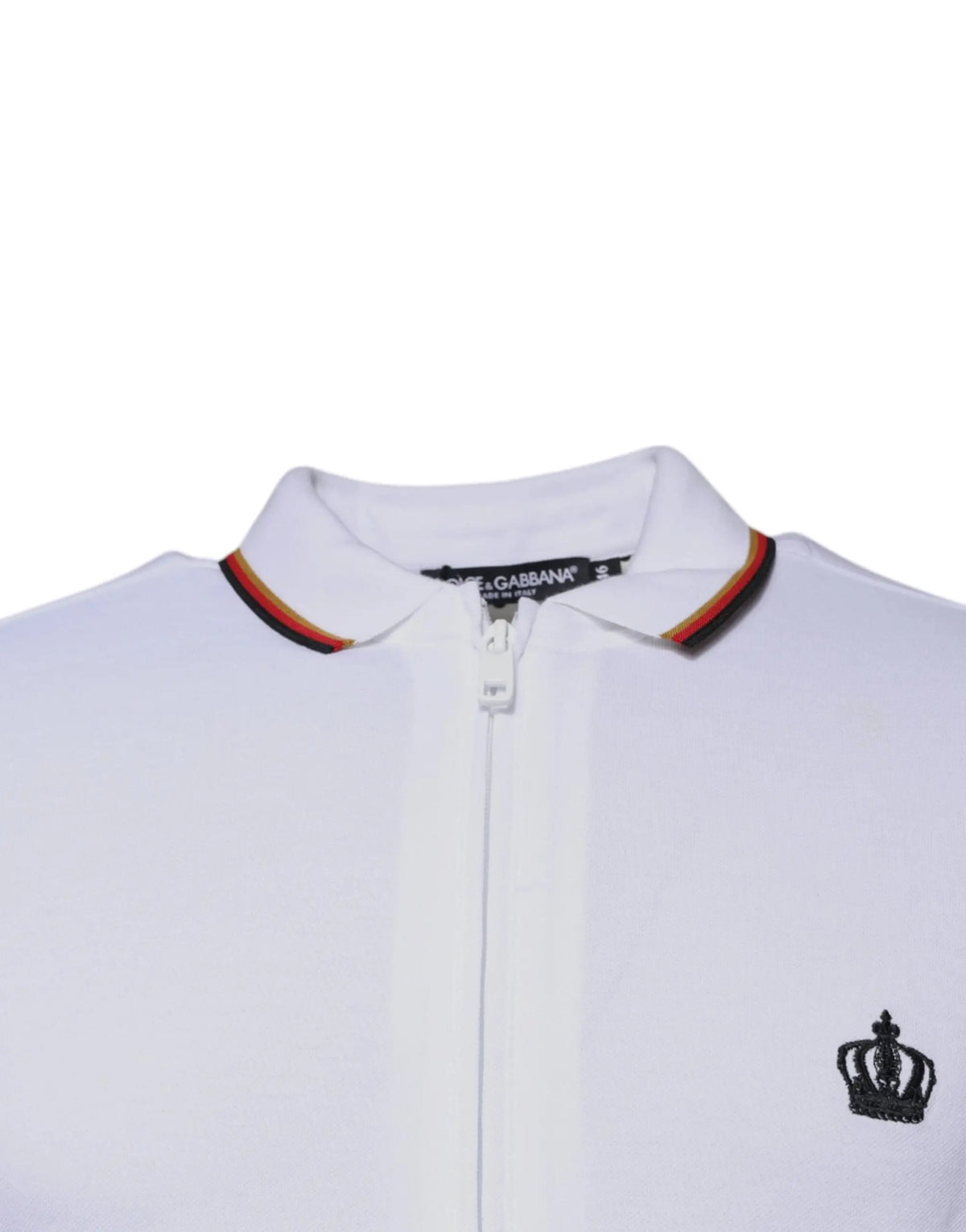 Dolce & gabbana sweatshirt blanc pour homme avec zip intégral, couronne noire brodée et col rayé rouge jaune noir