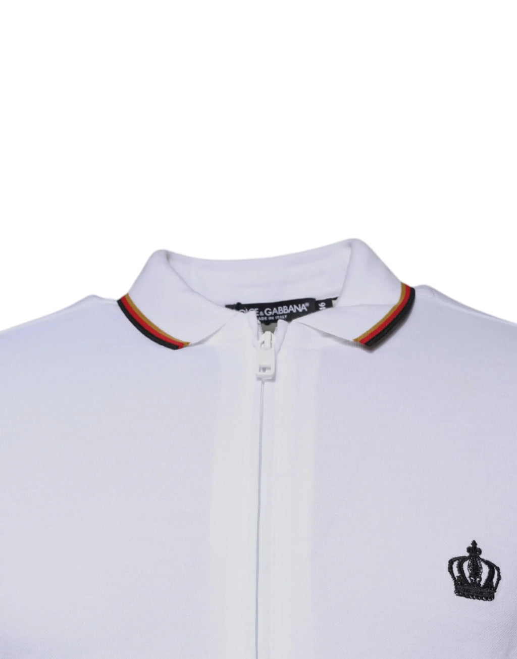 Dolce gabbana sweat-shirt blanc homme à fermeture éclair avec couronne brodée noire et col rayé rouge jaune noir