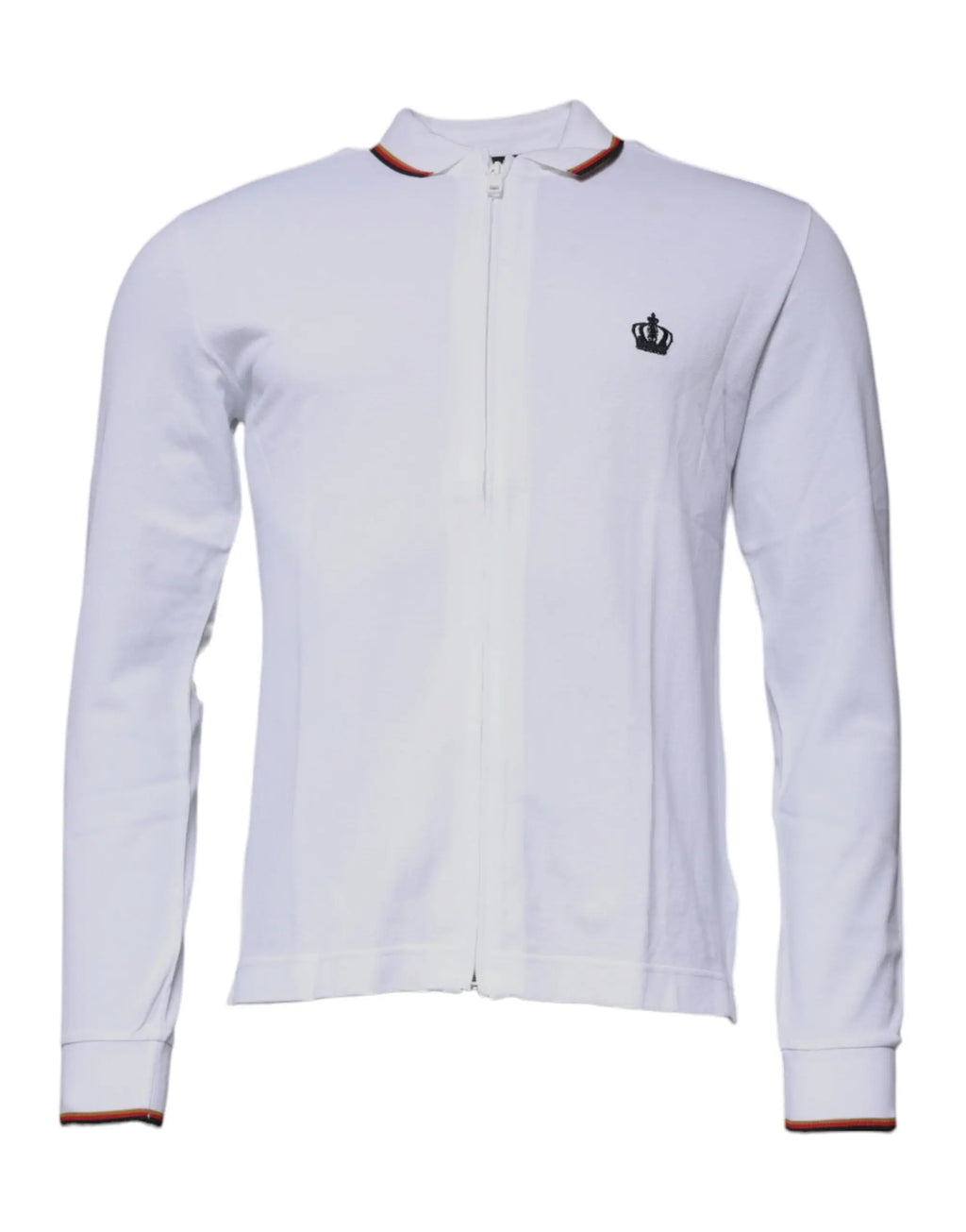 Dolce & Gabbana sweatshirt blanc homme avec zip intégral, logo couronne brodé noir et détails rouge et bleu marine