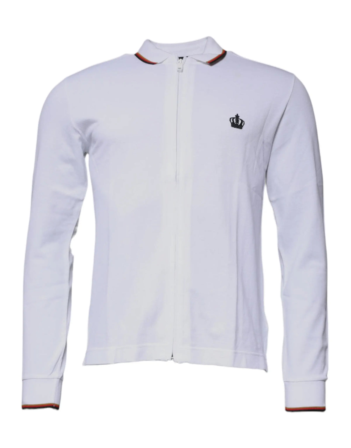 Dolce & Gabbana sweatshirt blanc homme avec zip intégral, logo couronne brodé noir et détails rouge et bleu marine