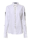 Chemise blanche dolce gabbana avec boutons noirs ornés de cristaux et bordure noire aux manches