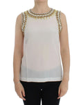 Débardeur blanc dolce & gabbana délicat orné de cristaux avec perles dorées et argentées au col et bretelles