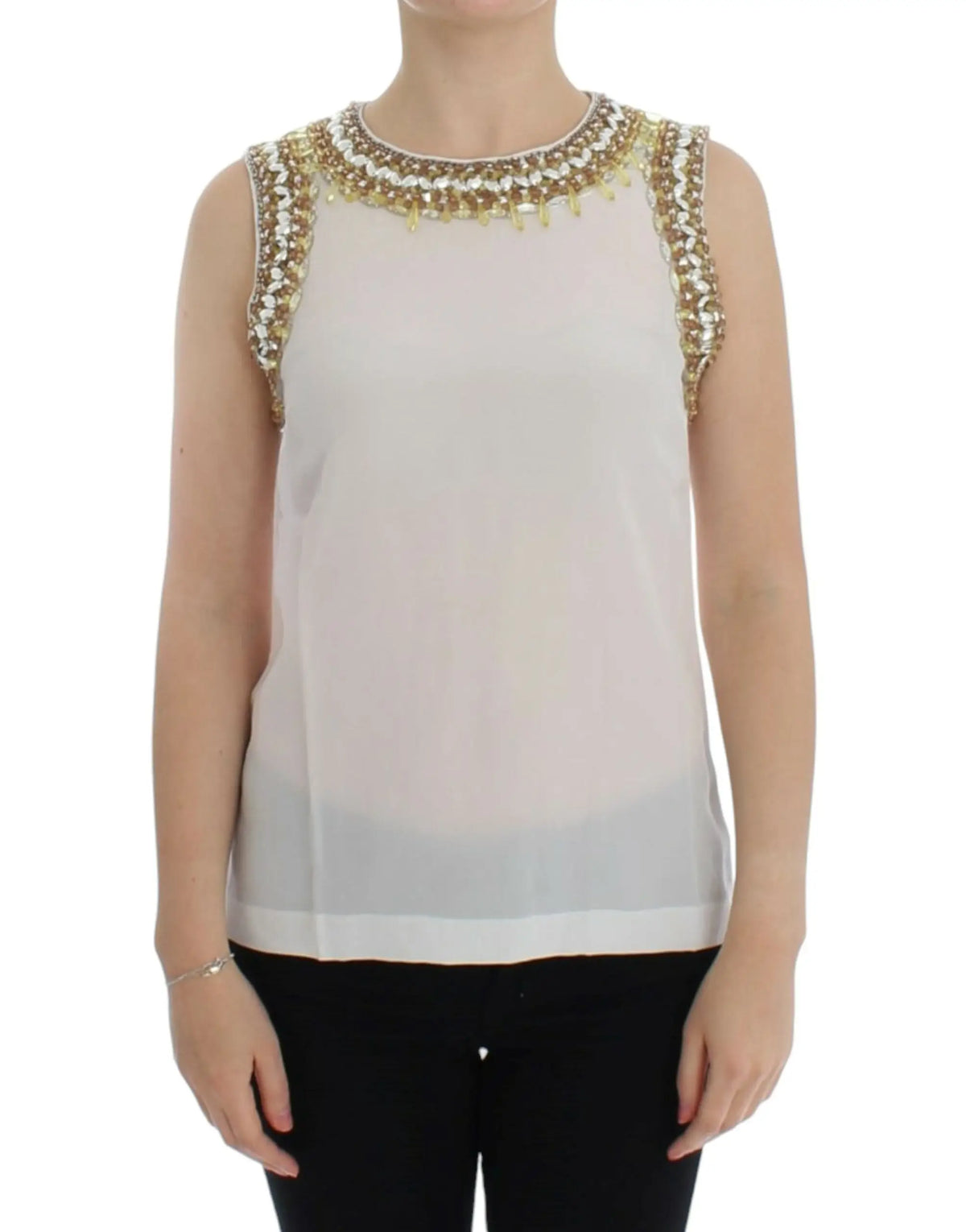 Débardeur blanc dolce & gabbana délicat orné de cristaux avec perles dorées et argentées au col et bretelles