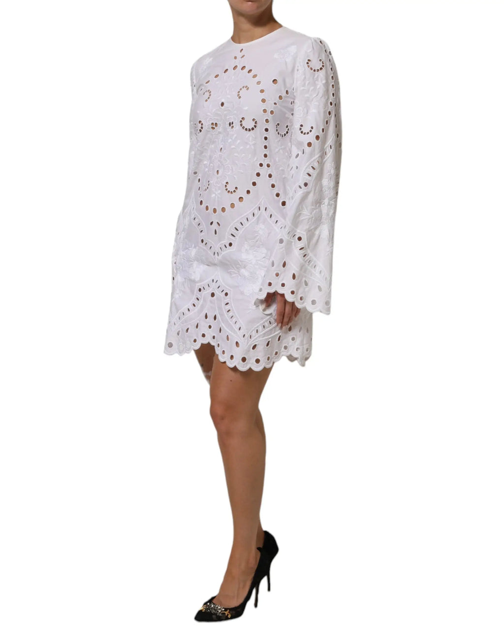 Robe mini dolce & gabbana blanche en dentelle œillet avec manches cloche et ourlet festonné style a ligne
