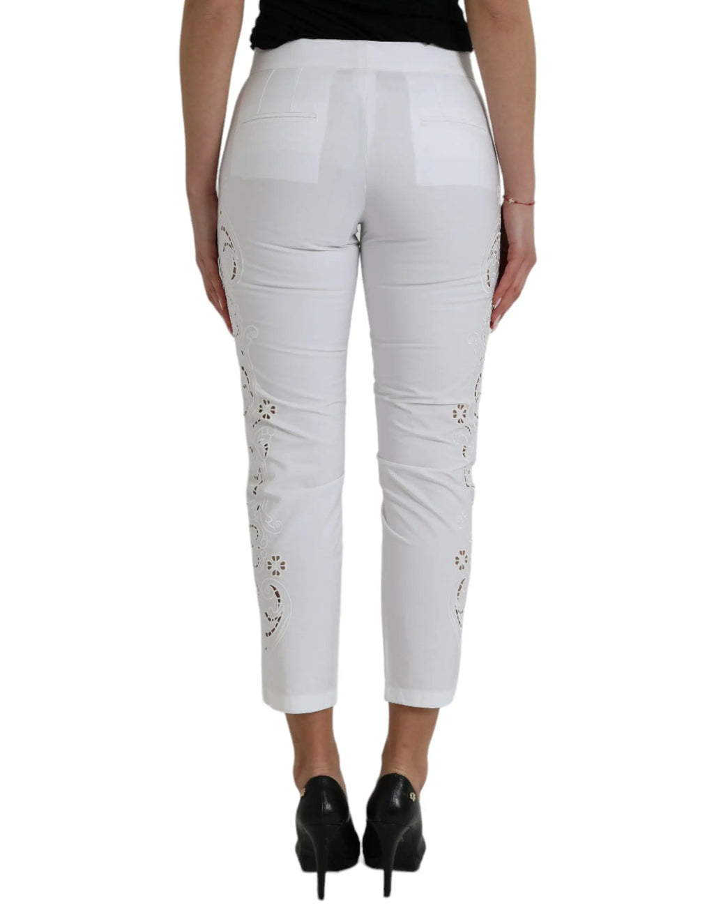 Pantalon blanc croppé dolce & gabbana en coton avec broderie florale délicate sur les jambes externes