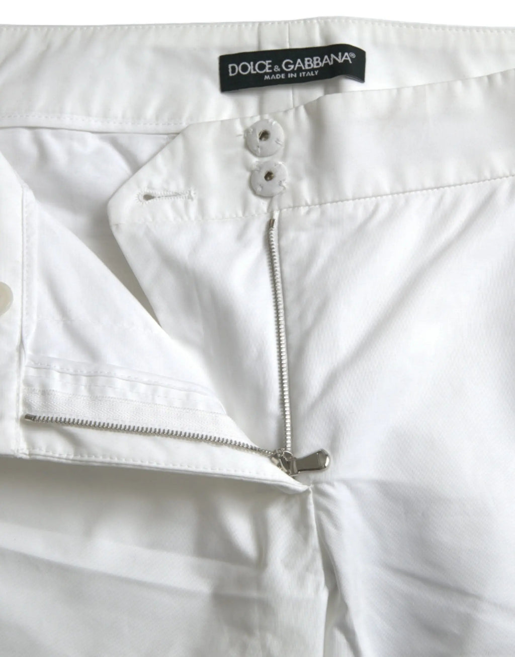 Pantalon blanc dolce & gabbana en coton cropped taille mi-haute avec fermeture éclair argentée et boutons assortis