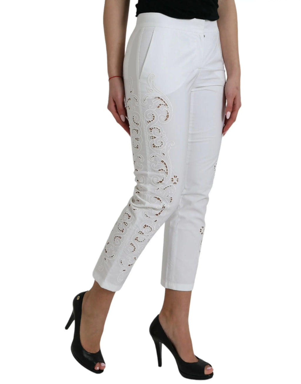 Pantalon court blanc en coton dolce gabbana avec découpes en dentelle sur les côtés