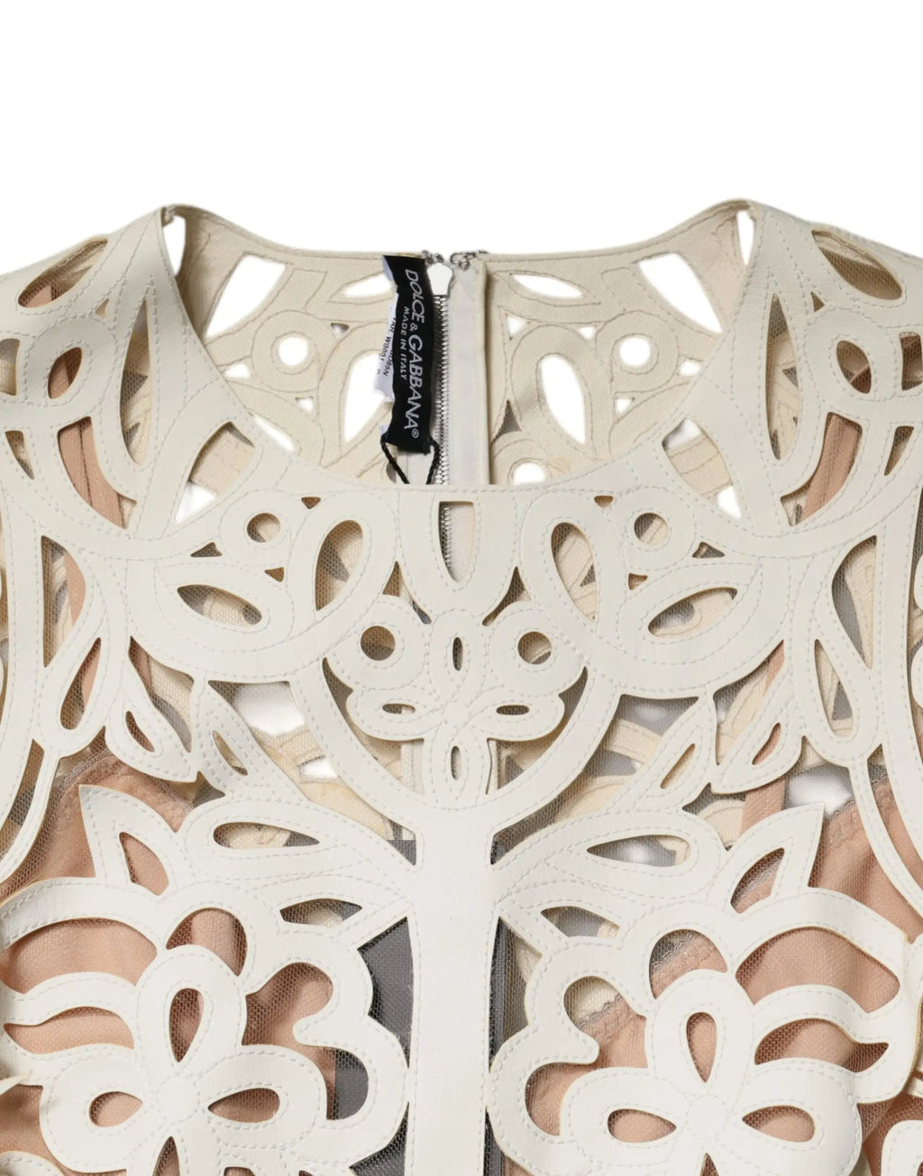 Dolce & gabbana robe midi blanche sans manches en cuir découpé avec motif floral et feuille délicat