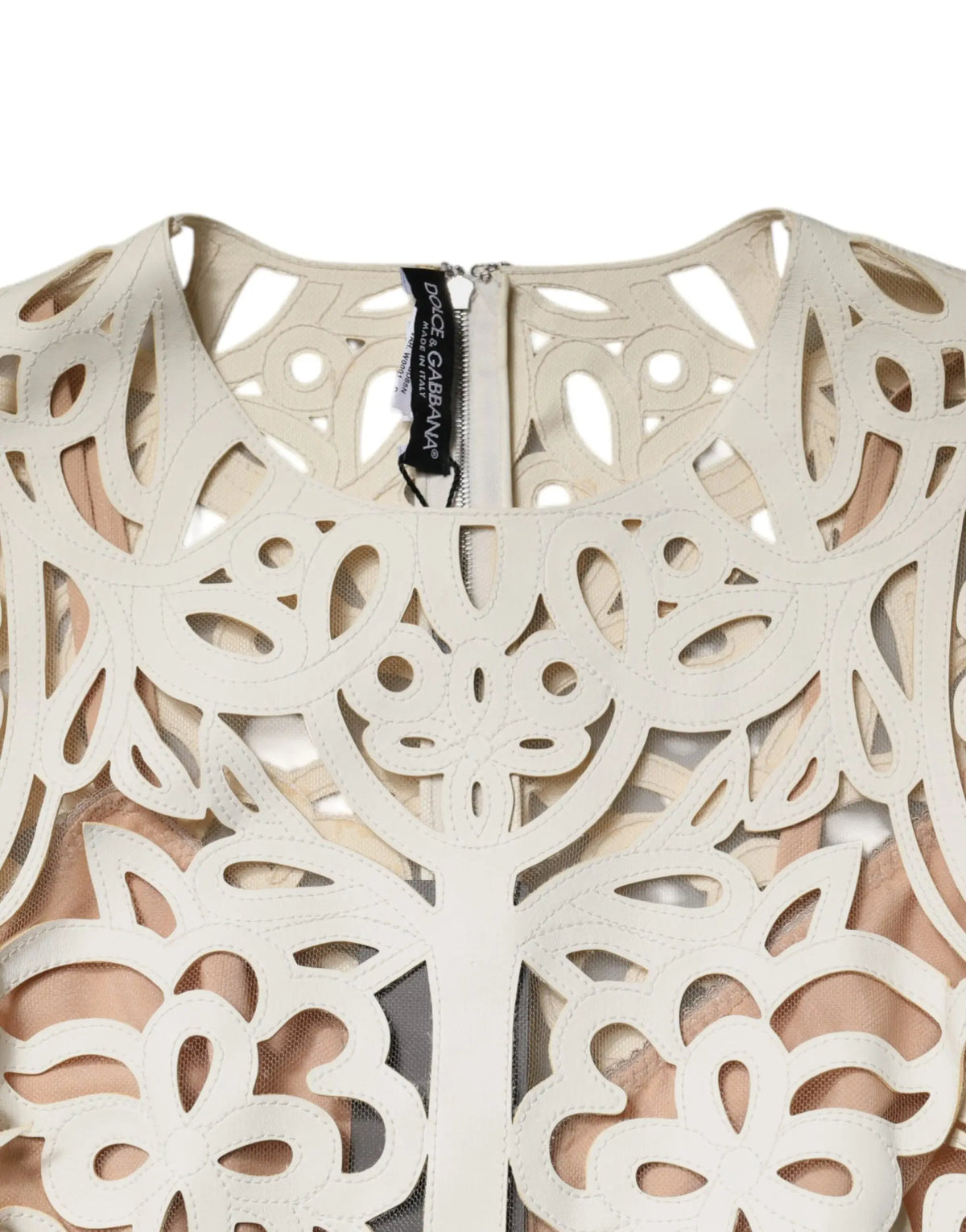 Dolce & gabbana robe midi blanche sans manches en cuir découpé avec motif floral et feuille délicat