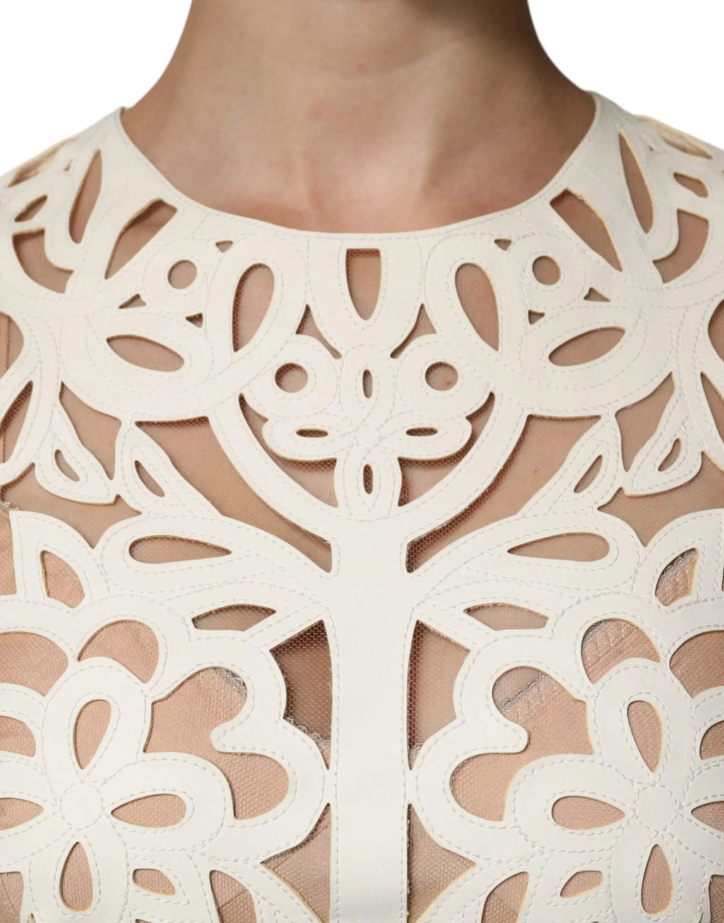 Robe midi sans manches dolce & gabbana en cuir blanc avec motifs floraux ajourés détaillés
