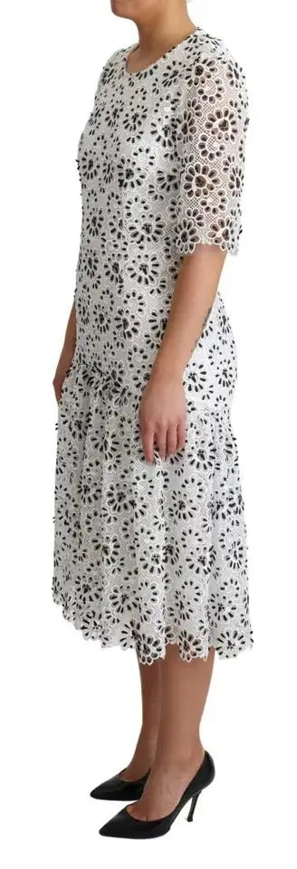 Robe mi-longue en polyester blanche dolce & gabbana avec dentelle, broderie florale noire et manches trois-quarts transparentes