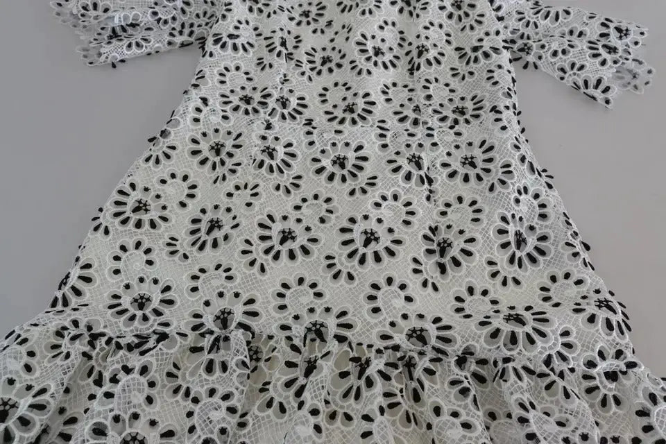 Robe midi a ligne blanche en polyester dolce & gabbana avec dentelle délicate motifs floraux noirs et manches volantées