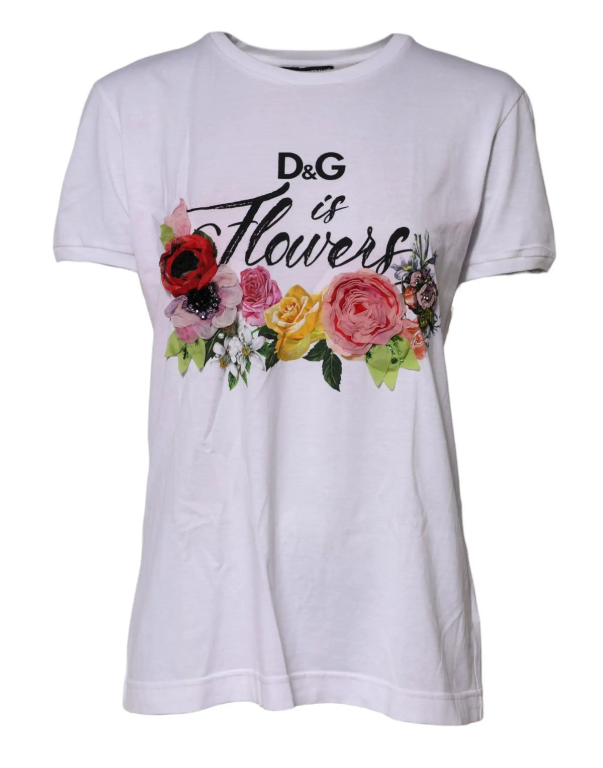 Dolce & gabbana white d&g is flowers embellished t-shirt with vibrant floral design and black script text