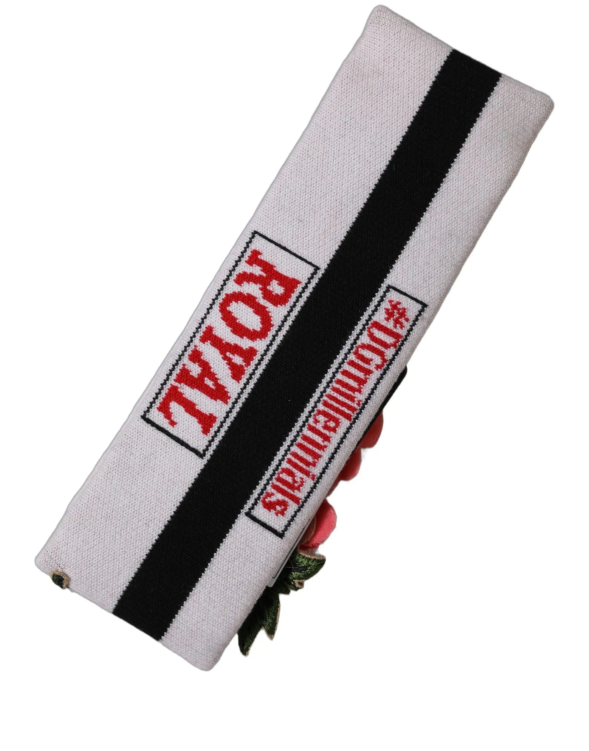 Dolce & gabbana white knit headband with black stripe red royal and dorinellennas text and floral embroidery detail