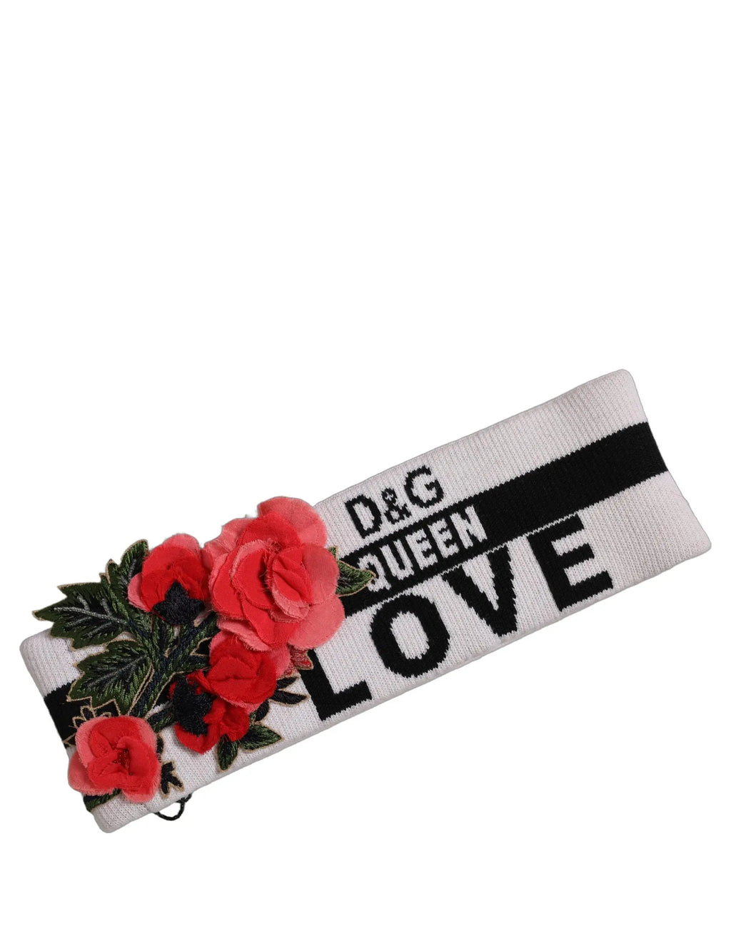 Bandeau blanc en tricot dolce & gabbana avec texte d&g queen love noir et roses rouges brodées sur le côté