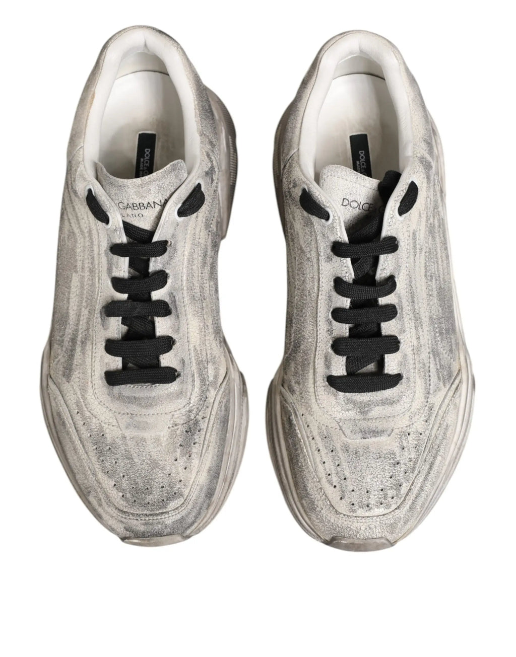Baskets basses homme dolce gabbana daymaster blanches en daim argenté vieilli avec lacets noirs et semelle épaisse