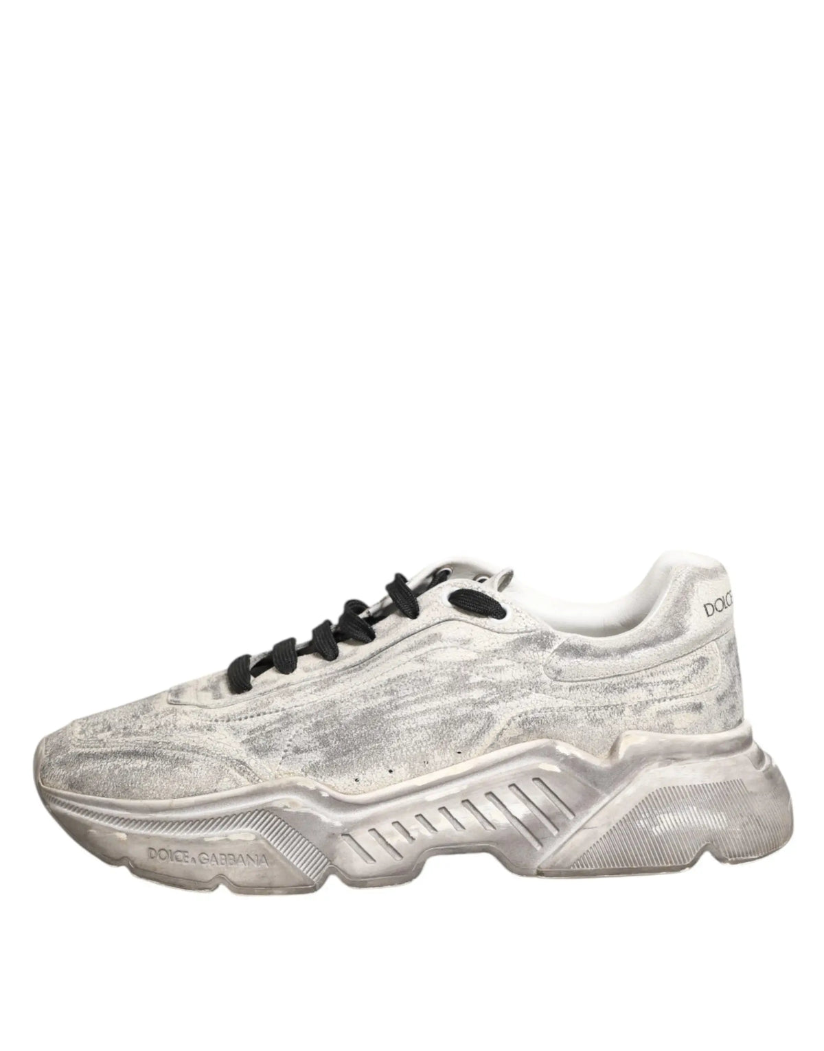 Baskets basses pour homme dolce gabbana white daymaster argentées usées avec lacets noirs et semelle épaisse