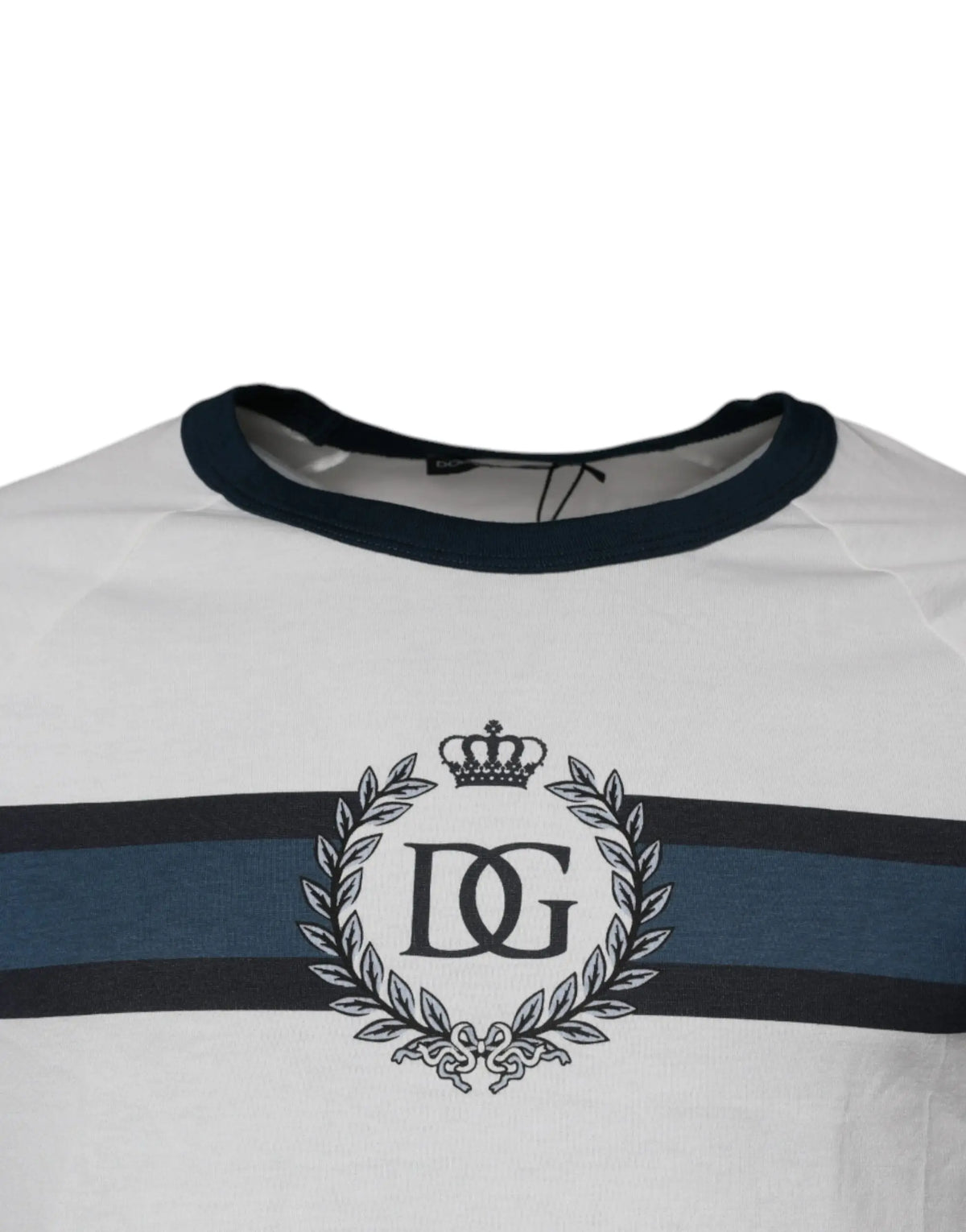 Dolce & gabbana t-shirt blanc en coton col rond avec col côtelé bleu marine et logo dg brodé noir