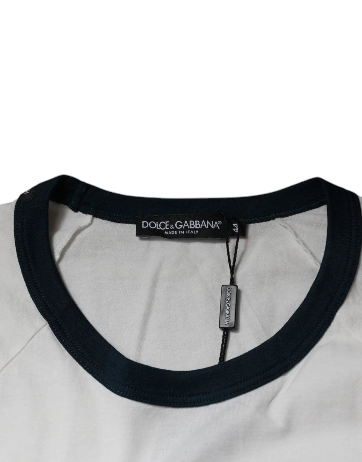 T-shirt blanc dolce & gabbana en coton avec col rond côtelé noir et logo dg crown imprimé