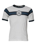 Dolce gabbana t shirt blanc en coton avec rayures bleu marine et logo noir brodé au niveau de la poitrine