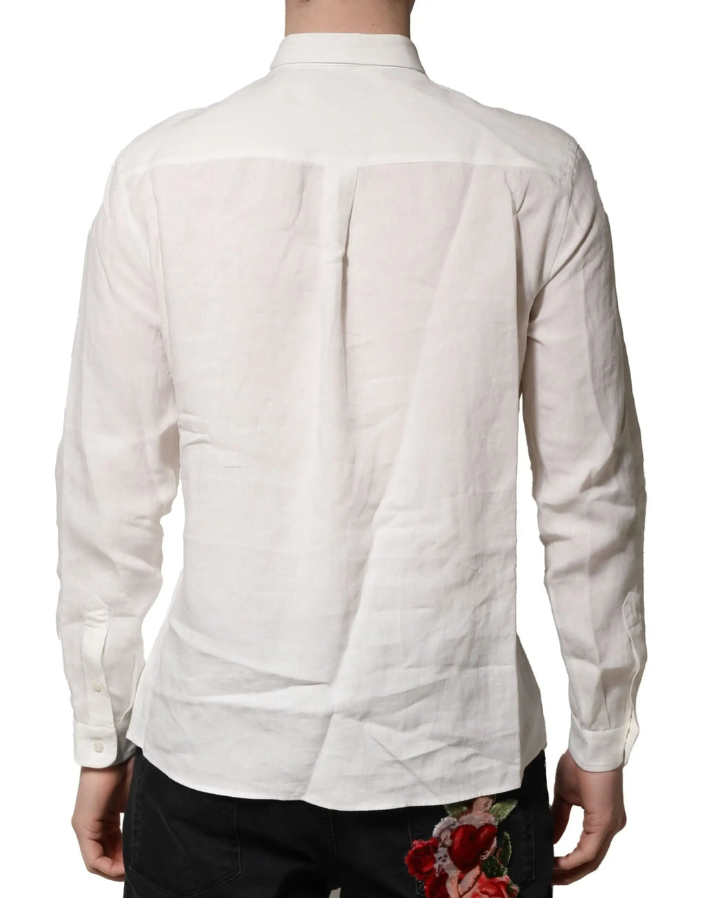 Chemise formelle dolce & gabbana blanche en lin avec tissage texturé et broderie florale rouge délicate côté inférieur gauche