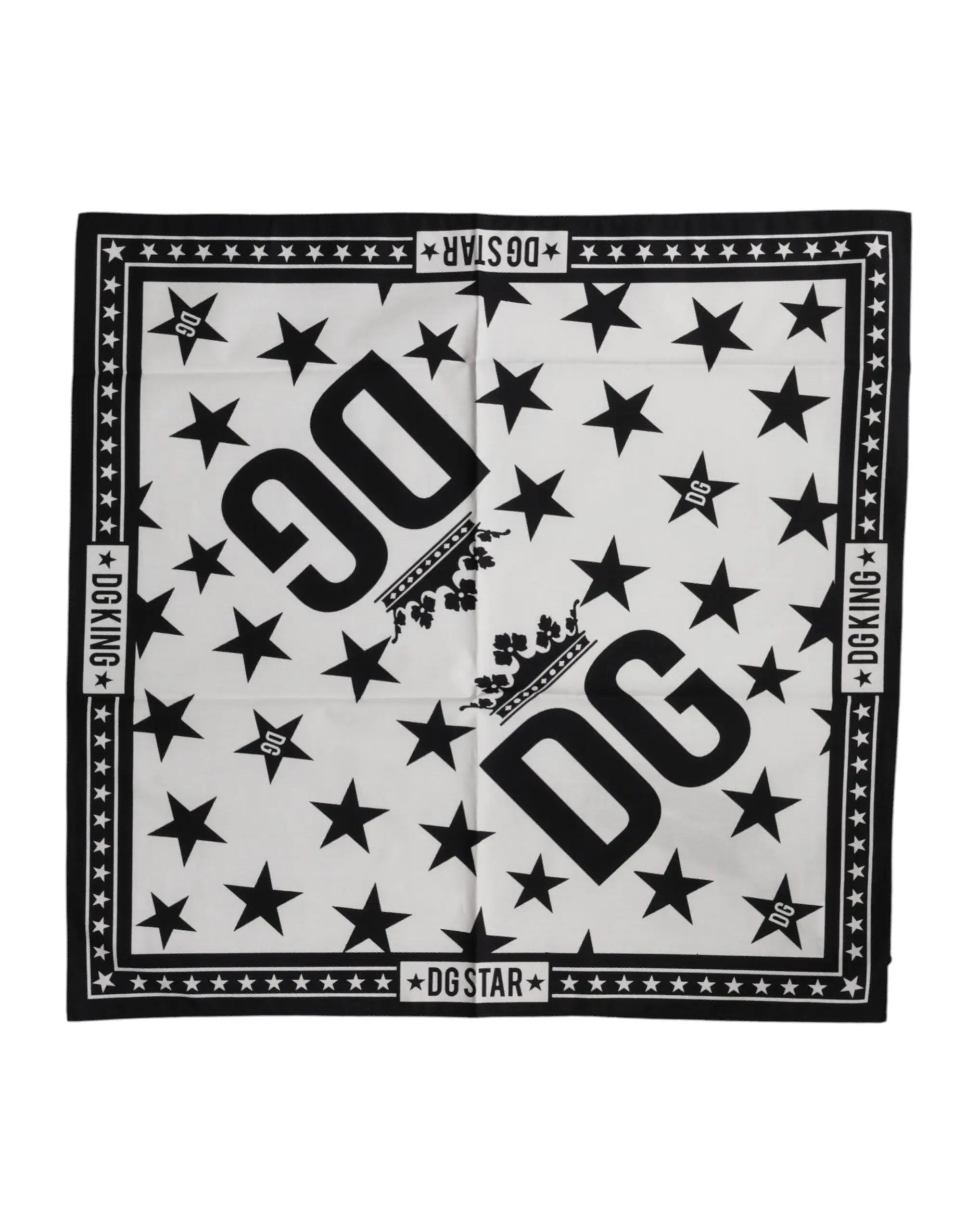 Dolce & gabbana foulard carré blanc 52x50,5 cm avec étoiles noires et logos dg en motif répétitif borduré